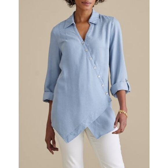 Soft Surroundings Washed Tencel Tunic NWT Women's Sz S Light Wash Denim Wrap - Picture 8 of 8